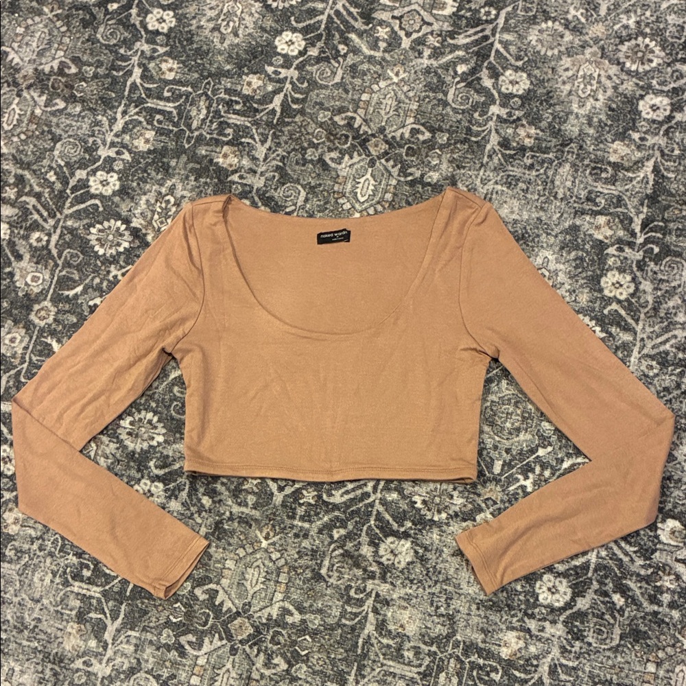 Naked Wardrobe Long Sleeve Scoop Neck Crop Top - Camel